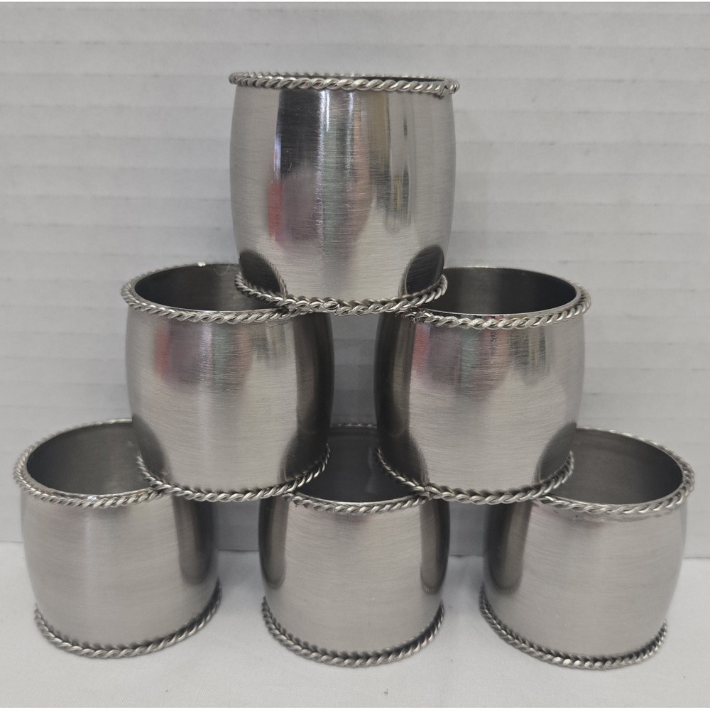 Vtg Pewter Barrel Napkin Rings Set of 6 Roped Rim Detail MCM/Boho Table Decor
